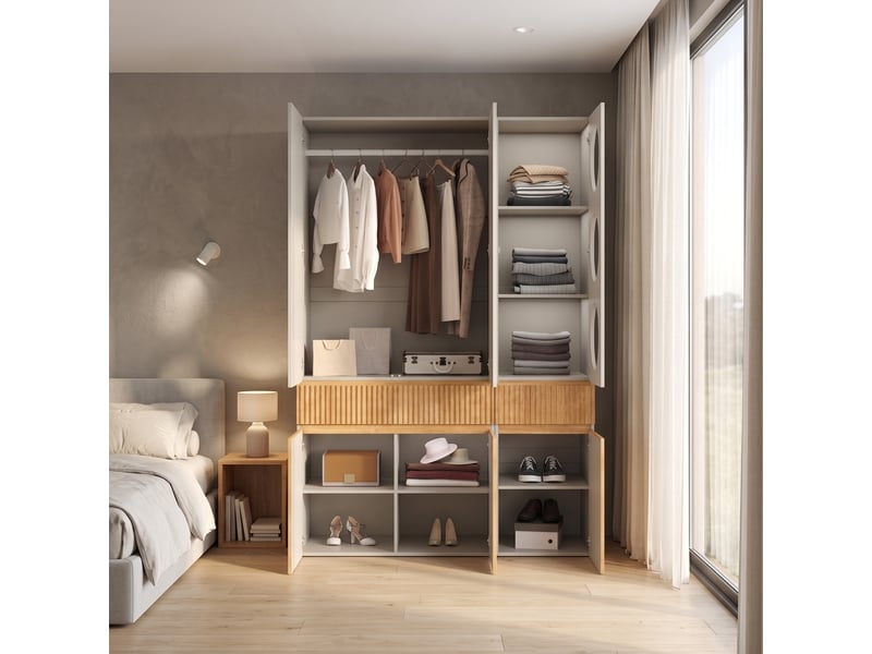  Armoire dressing 135x50x200 cm effet chêne clair avec penderie, 6 portes, 2 tiroirs et rangements multiples, meuble chambre moderne  - Conforama E