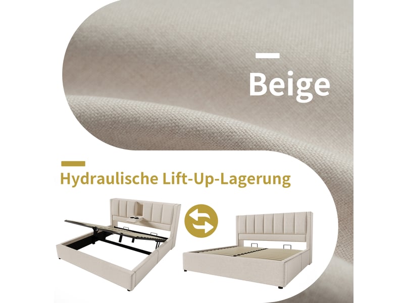  Lit coffre 140x200 cm hydraulique avec chargeur usb-c, porte-gobelets cachés, sommier, lin beige sans matelas  - Conforama D