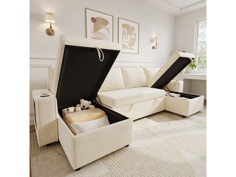 Canapé d'angle modulable 270x125x86 cm en u convertible en lit gigogne, rangements, double méridienne, usb, porte-gobelet, tablette - beige Bliss Lite - Conforama D