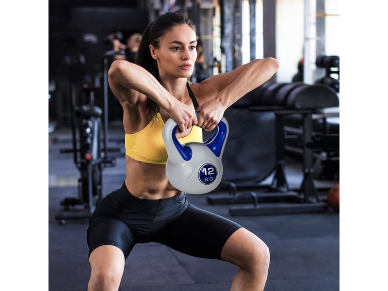  Kettlebell, 12 kg, fond plat, grande poignée, revêtement plastique, bleu, 24 x 17 x 28 cm  - Conforama D