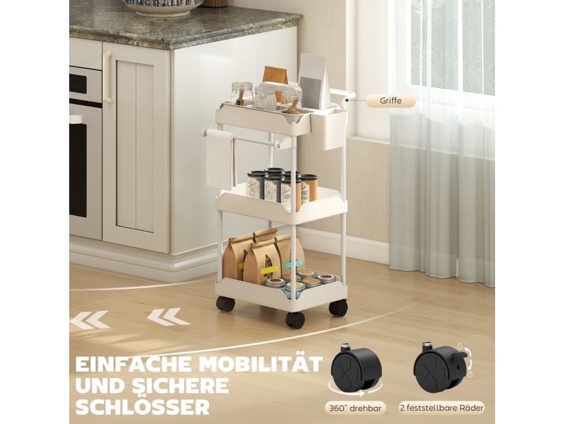  Desserte de rangement 42x42,5x76 cm, avec 3 paniers, porte-serviette et poignée, en métal, en plastique, couleur blanc  - Conforama D
