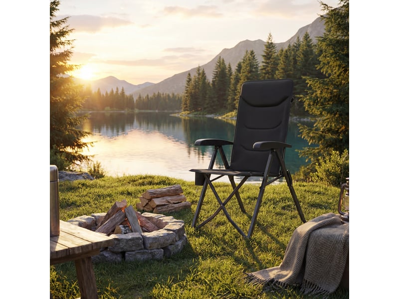 Chaise de camping, dossier réglable 95°-150°, porte-gobelet, sac de transport, pêche, jardin, noir  - Conforama B