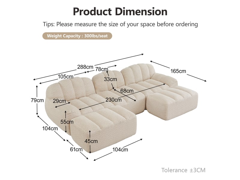  Canapé d'angle modulaire 3 places avec ottomans, assise profonde, en tissu beige blanc  - Conforama E