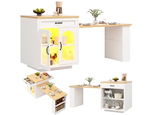 Desserte de cuisine extensible avec 2 tiroirs, 2 portes vitrées striées et led pour salle à manger en mdf blanc