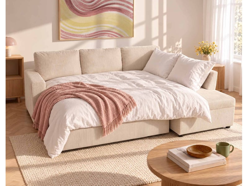Meiya - canapé d'angle droit 5 places convertible avec coffre en velours côtelé - best mobilier - beige MEIYA - Conforama D