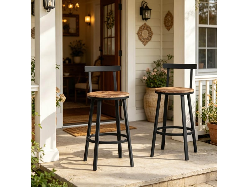  Elvmi tabouret de bar avec dossier tabouret haut industriel assise ronde en mdf structure en métal repose pied circulaire design ergonomique pour îlot de cuisine bar salle à manger café marron rustique hauteur assise 65 cm  - Conforama E