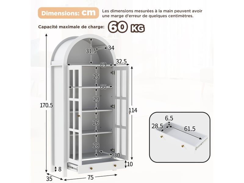  Armoire haute arquée moderne avec étagères réglables et tiroir, vitrine multifonction  - Conforama C