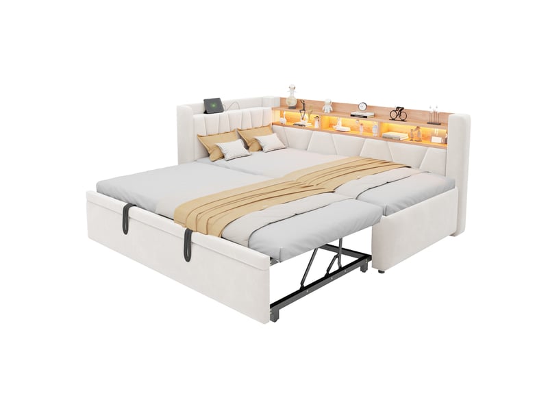  Lit banquette extensible 90 à 180 × 200 cm en velours beige, usb et led IKSETERA TRADING LTD - Conforama A
