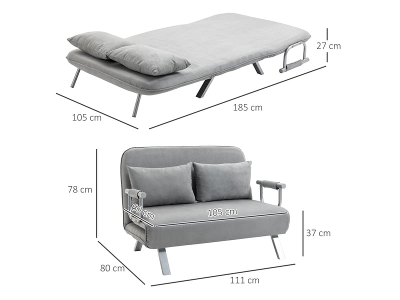  Canapé-lit 2 places 111x80x78 cm, accoudoirs et 2 coussins, dossier réglable, pieds en métal, finition gris clair  - Conforama C