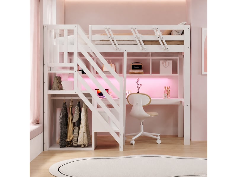  Lit mezzanine 90x200 cm avec bureau, escalier de rangement, led, prise usb, bois, blanc sans matelas  - Conforama B