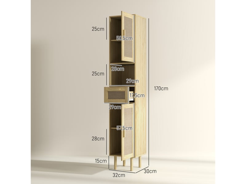  Meuble salle de bain colonne rangement salle de bain avec portes en rotin tiroir 2 placards 32 x 30 x 170 cm chêne  - Conforama C