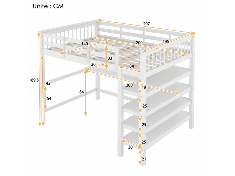  Lit mezzanine enfant 140 x 200 cm avec bureau intégré et rangements, structure en pin et mdf blanc  - Conforama C