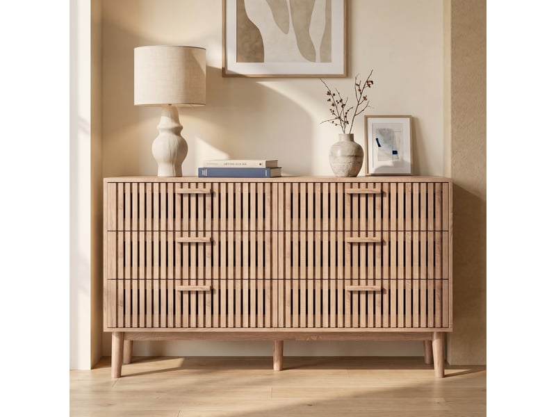  Commode 6 tiroirs en bois cannelé - buffet bas design scandinave - meuble de rangement pour chambre ou salon, chêne clair  - Conforama B