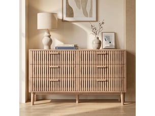Commode 6 tiroirs en bois cannelé - buffet bas design scandinave - meuble de rangement pour chambre ou salon, chêne clair