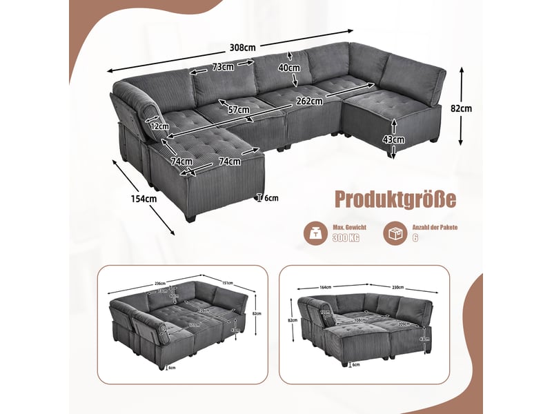  Canapé modulable panoramique 6 places 308x154x81.99 cm velours côtelé gris  - Conforama C