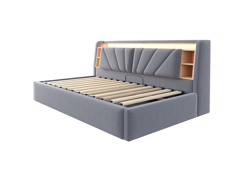  Lit coffre 90x200 cm, lit simple avec led et usb, velours gris foncé, sans matelas  - Conforama E