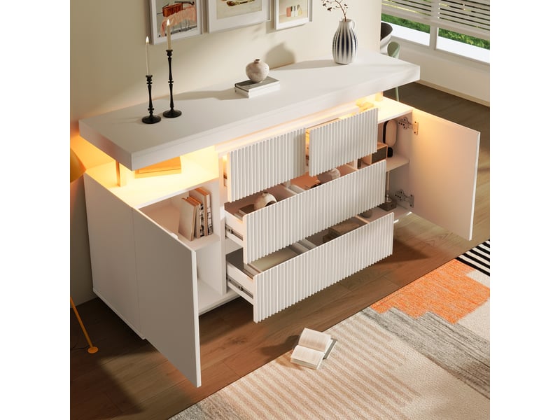  Buffet blanc led 150 × 40 × 78 cm, 6 tiroirs rainurés et 2 portes IKSETERA TRADING LTD - Conforama E