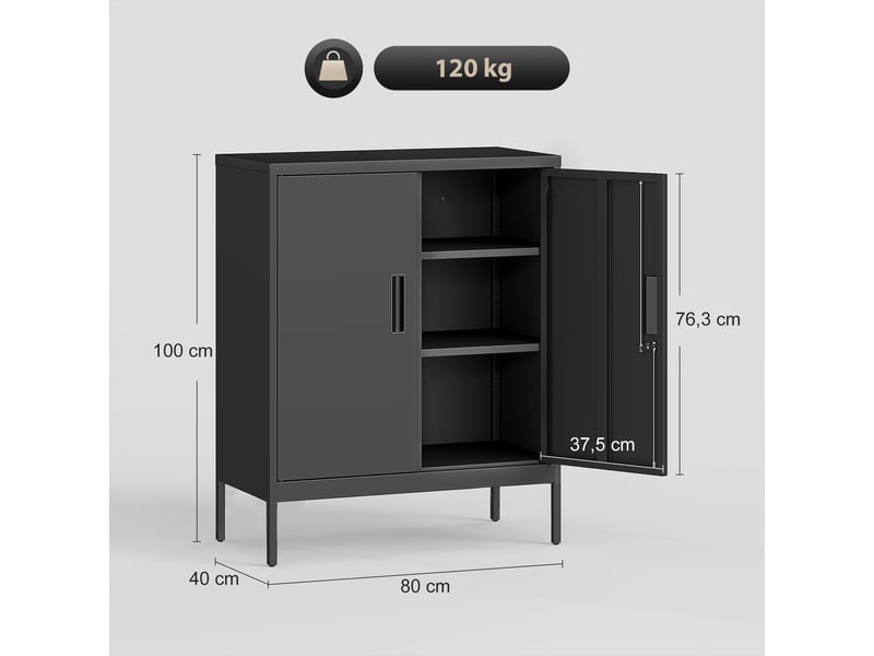  Armoire de bureau métallique, 80 x 40 x 100 cm, meuble de rangement, serrure, noir, 2 portes et 2 étagères réglables  - Conforama C