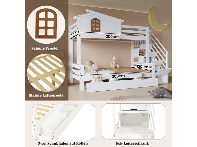  Lit superposé enfant 90x200, lit superposé structure bois, tiroirs coulissants, échelle sécurisée, sommier inclus  - Conforama E