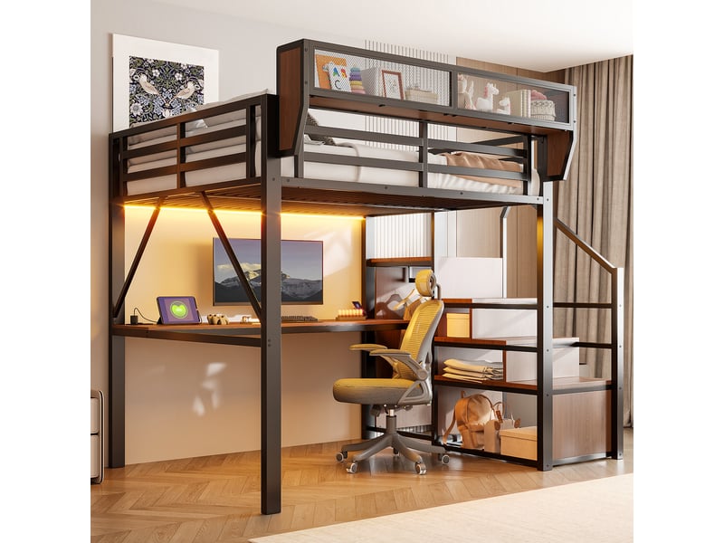  Lit mezzanine 140x200 cm avec bureau 2 m - rangement flexible - échelle de sécurité - led et prises - noir  - Conforama W