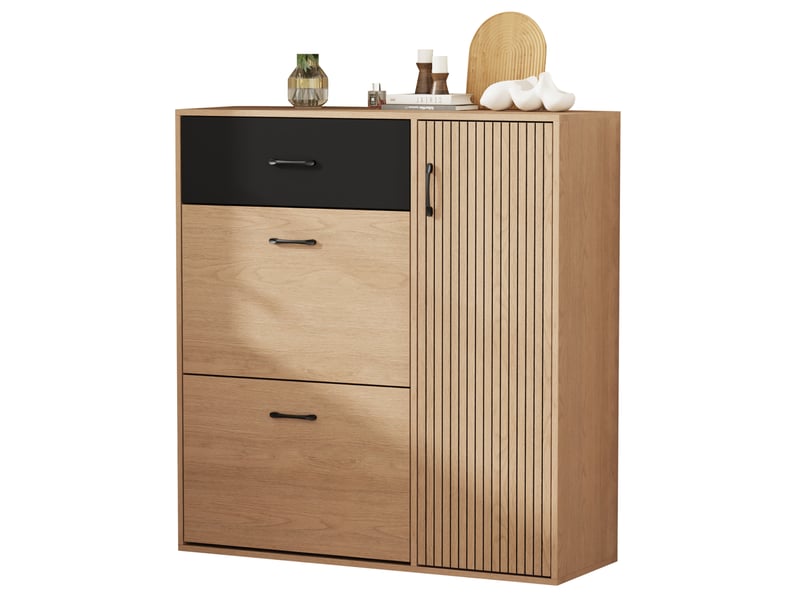  Meuble à chaussures 100x35x106 cm 1 tiroir 2 abattants mdf et panneau de particules naturel et noir  - Conforama A