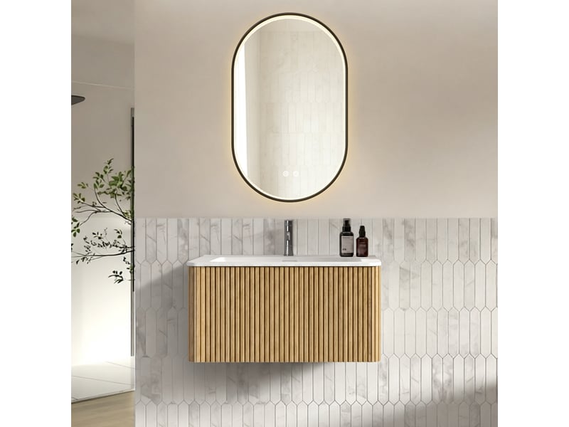  Meuble sous vasque suspendu avec miroir led, vasque intégrée, rangement, pour salle de bain, en mdf, chêne, 80 cm  - Conforama C