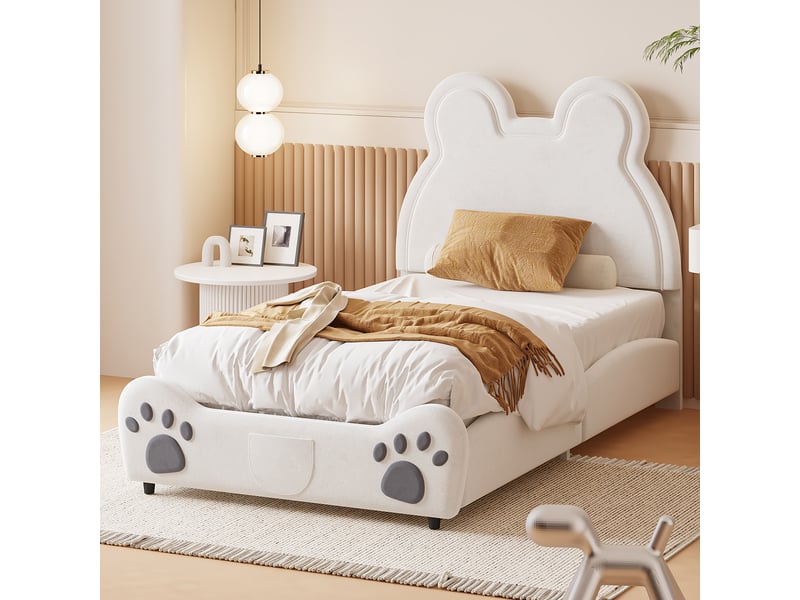  Lit enfant 90 × 200 cm 1 place rembourré forme ours, sans matelas, en tissu velours doux, blanc  - Conforama B