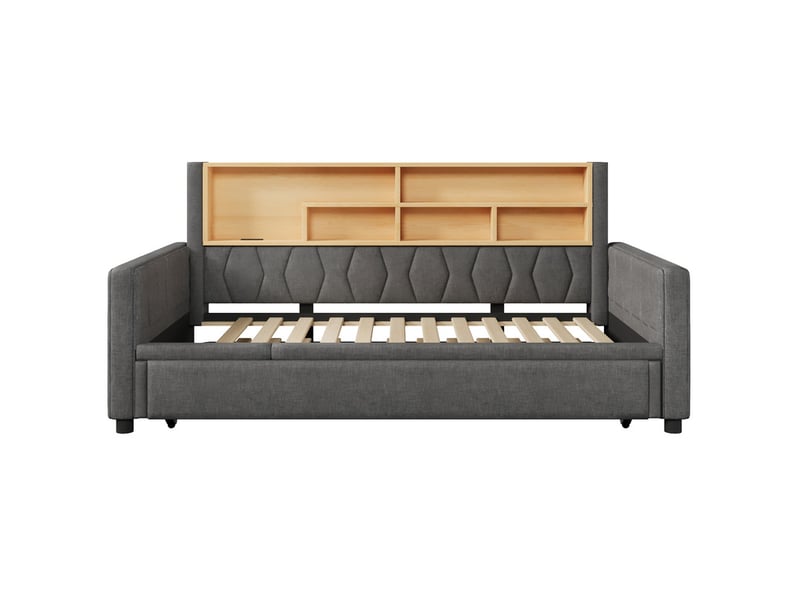  Lit gigogne multifonction, 90 × 200 cm, avec bande lumineuse led et prise électrique, revêtement en lin, gris  - Conforama A