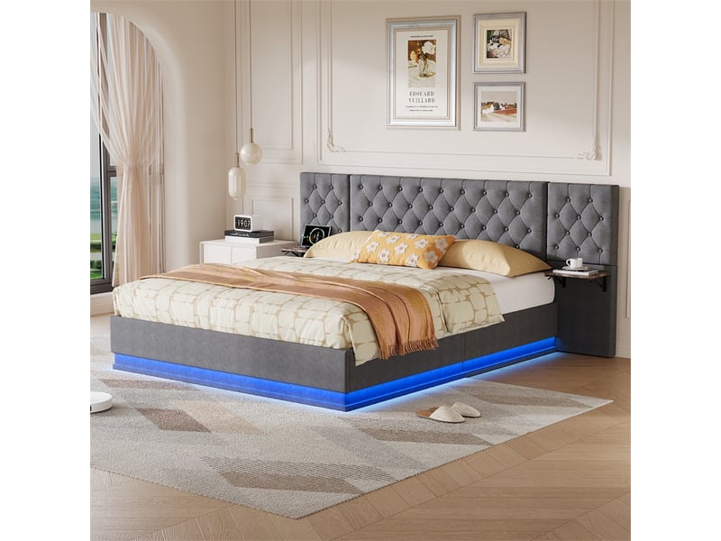  Lit 160x200cm - lit coffre 160x200 - lit double led avec tête de lit large et tables de chevet intégrées - en lin gris  - Conforama C