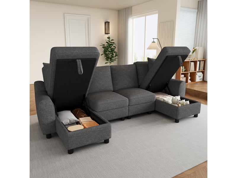  Canapé panoramique modulable en u – tissu chenille – coffre de rangement – 280 cm – gris  - Conforama D
