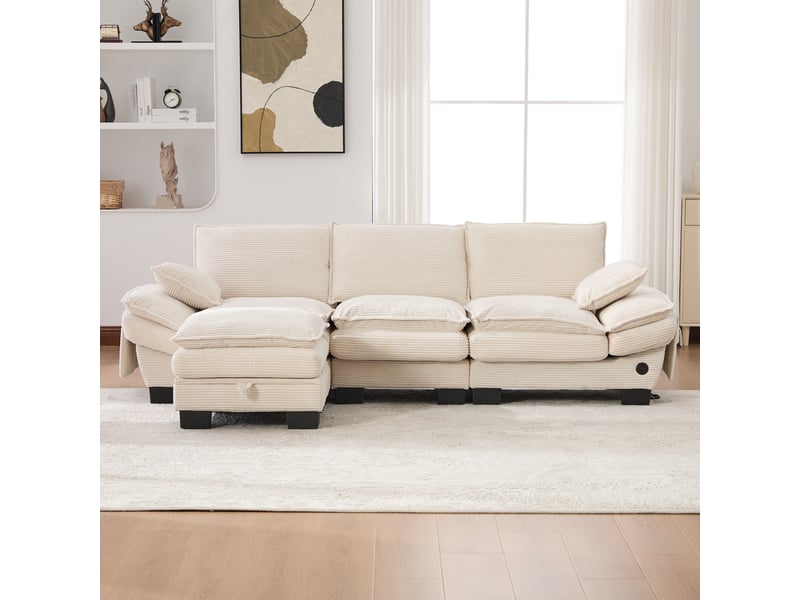 Canapé modulable, canapé 3 places – en velours tricoté, port usb, avec pouf, beige, mousse haute densité, poches latérales - Conforama E