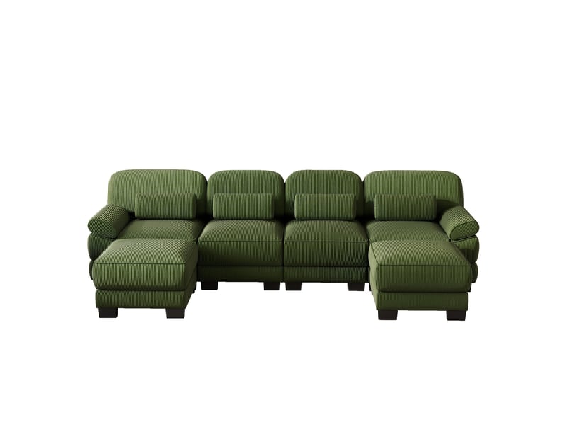  Canapé d’angle 4 places en u moderne, 2 poufs, construction à cadre, assise vaste et profonde, velours côtelé doux, 336 × 161 × 94 cm, vert  - Conforama A