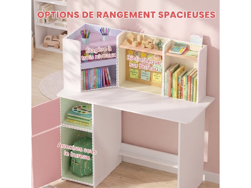 Bureau enfant avec chaise, table d'étude, support de tablette réglable, porte-stylos, panneau en liège, 5-12 ans, rose - Conforama R