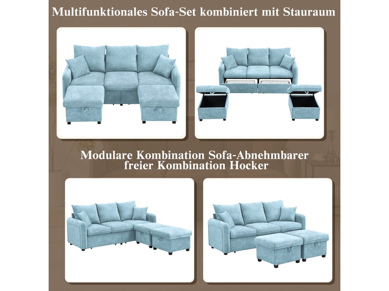 Canapé d'angle 3 places en tissu chenille, 2 poufs à rangement, tiroirs intégrés, convertible en l ou en lit  - Conforama D
