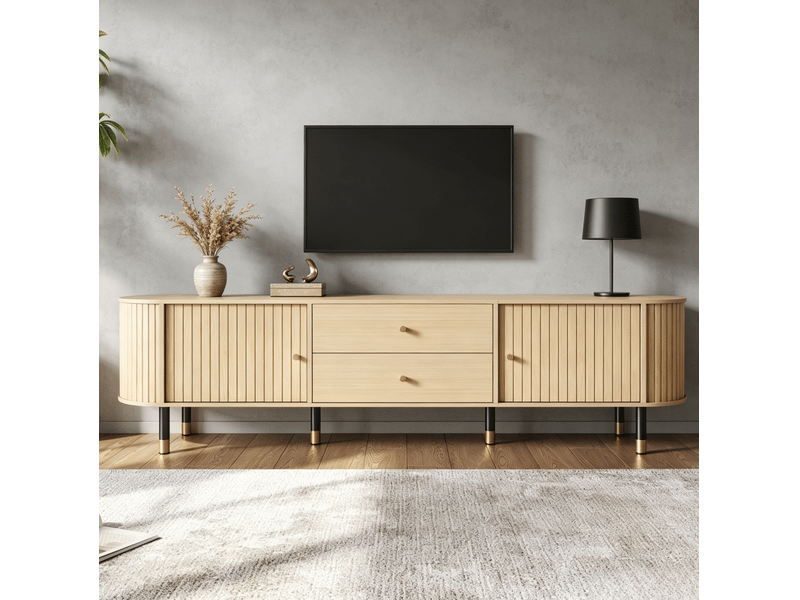  Meuble tv avec 2 portes coulissantes, 2 tiroirs et passe-câbles, finition bois naturel pour salon, 180 × 40 × 58 cm  - Conforama B