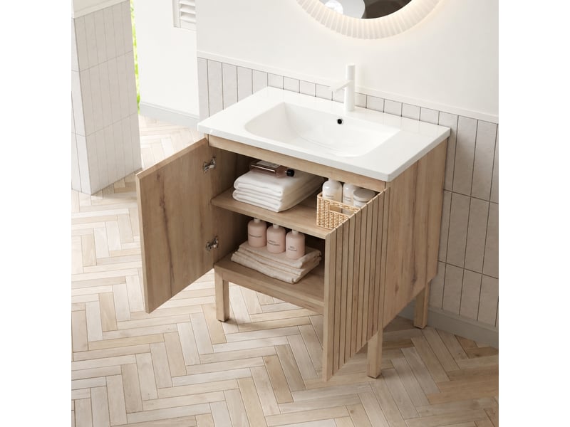  Meuble vasque 80 cm avec vasque intégrée en céramique blanche, finition chêne blanc  - Conforama B