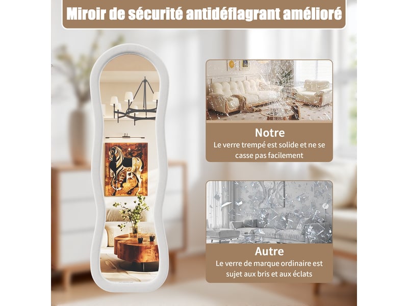  Miroir plein pied 160x50 cm forme ondulée, cadre rembourré en flanelle blanche, miroir au sol décoratif pour chambre et salon  - Conforama E