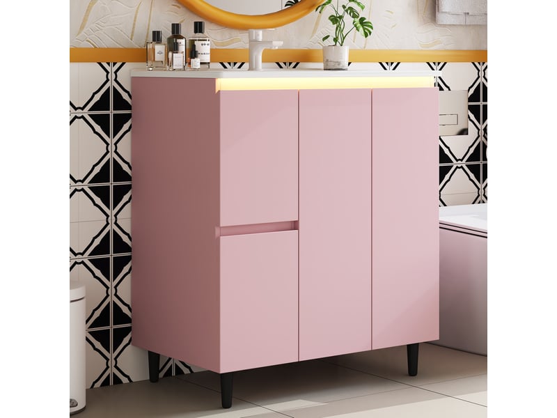  Meuble vasque rose avec lavabo intégré, éclairage led à capteur et charnières amorties 76 cm  - Conforama E