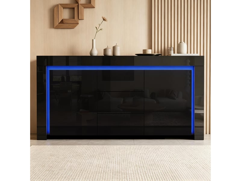  Buffet avec 2 portes, 3 tiroirs, led et étagères réglables pour salon en mdf 140×40×65 cm noir  - Conforama B