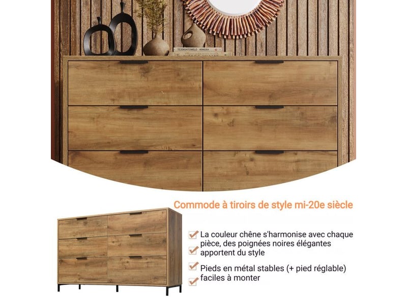  Commode 6 tiroirs - chêne foncé - design industriel - pieds réglables - 120 cm  - Conforama C