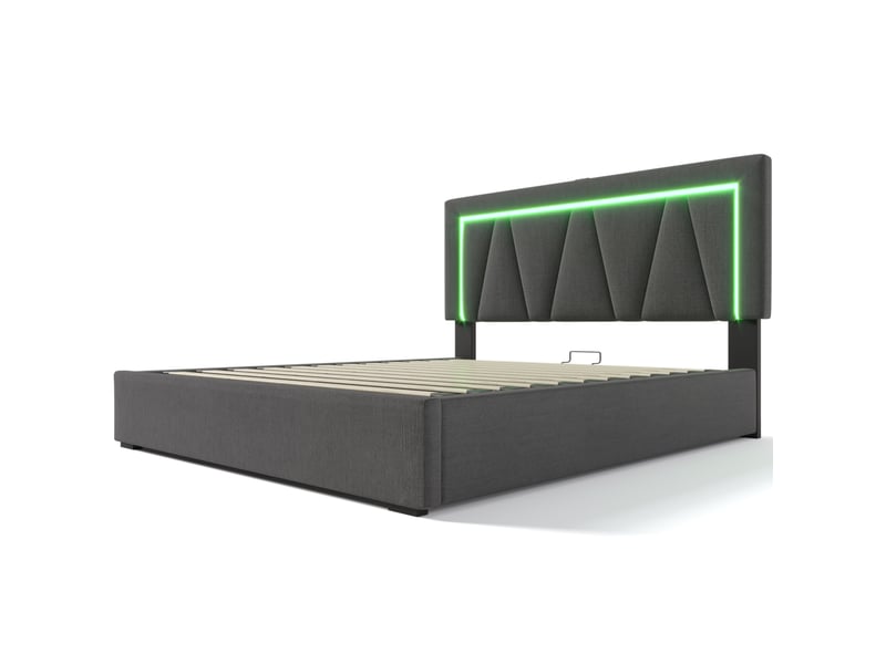  Lit coffre led 160x200 cm avec usb type c et éclairage led en lin gris avec matelas  - Conforama A