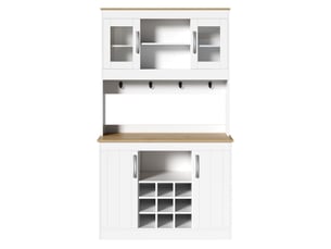 Buffet de cuisine 175cm, meuble vaisselier avec portes vitrées et étagère à vin, rangement cuisine blanc et bois naturel