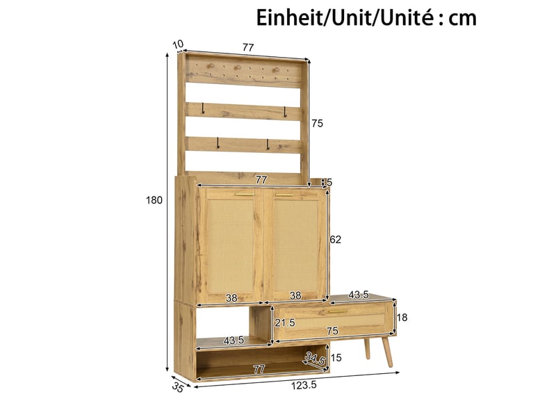  Meuble à chaussures avec banc 123,5x35x180 cm, patères, 2 portes tressées, étagères, banc pivotant, pour entrée et couloir - naturel  - Conforama C