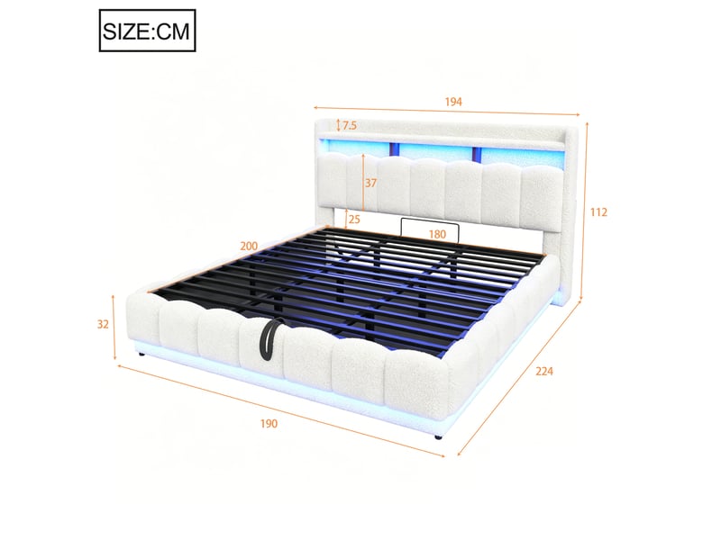 Lit coffre 180 × 200 cm 2 places avec led, usb et prise, sans matelas, en tissu teddy et métal, blanc - Conforama D