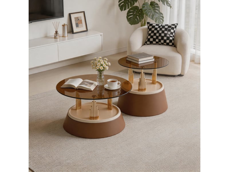  Tables basses gigognes avec plateaux ronds en verre trempé, structure en métal, style moderne, marron  - Conforama A