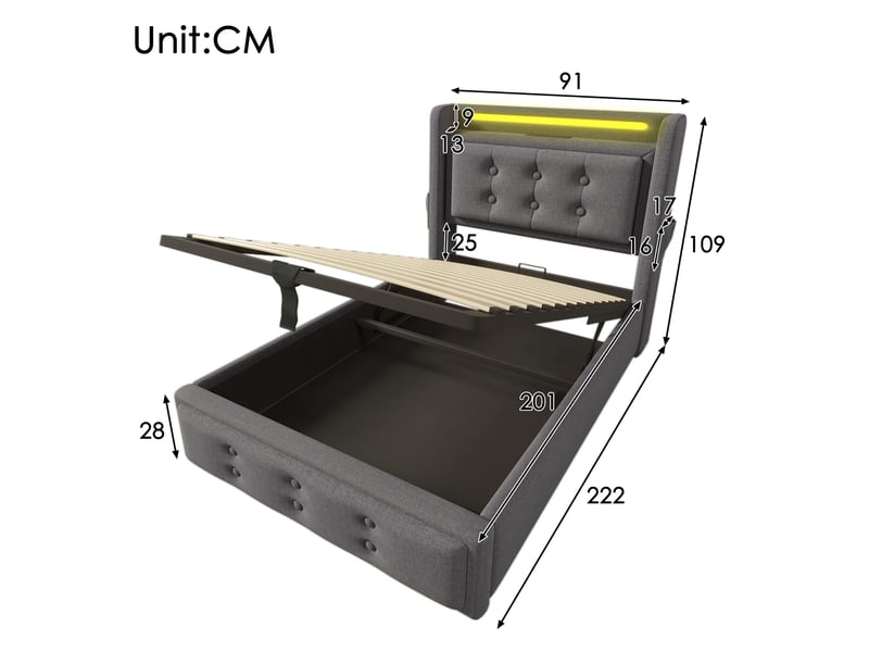  Modenvie lit coffre 90x200 cm - rangement intégré, led et ports usb-c - matelas et sommier inclus - gris  - Conforama C