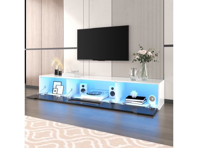  Meuble tv 180x35x30 cm avec led multicolore, finition laquée brillante noir et blanc, meuble tv moderne avec rangement pour salon - blanc  - Conforama D