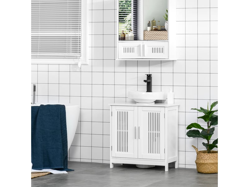 Meuble sous lavabo salle bain, 2 portes rainurées étagère réglable, poignées alliage aluminium, 60×30×60cm, mdf blanc  - Conforama C