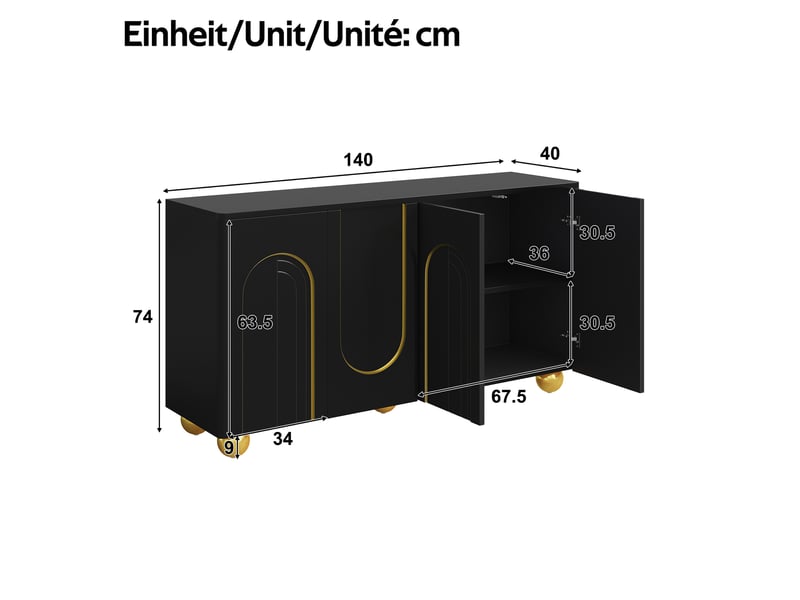  Buffet noir 4 portes meuble rangement salle à manger mdf étagères fixes pièces métal 140x40x74 cm  - Conforama C
