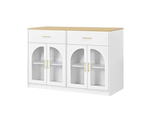 Desserte de cuisine led avec 2 tiroirs et étagères réglables en mdf 135×55×91 cm blanc
